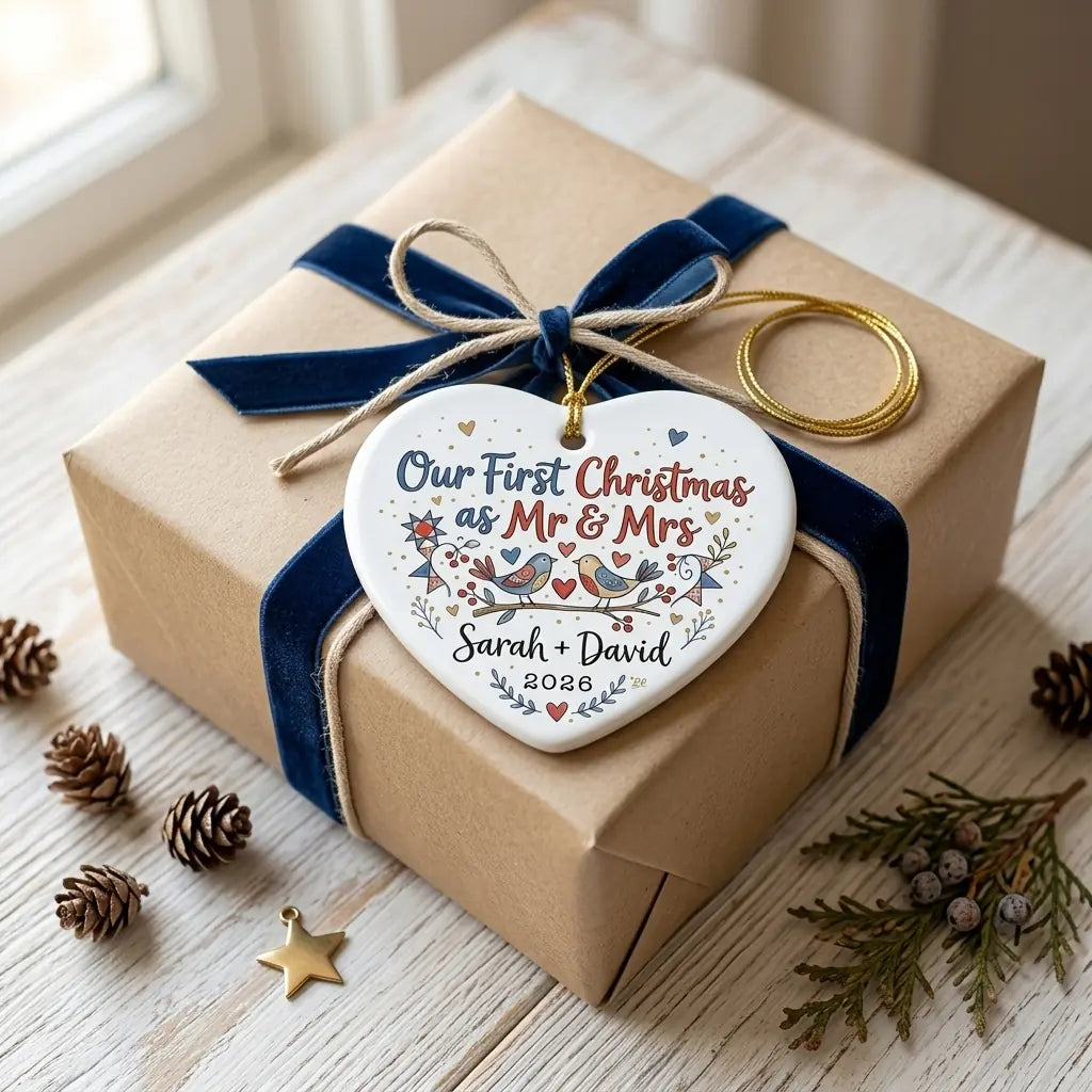 Love Birds Folk Personalized First Married Christmas Ornament 2026 gift