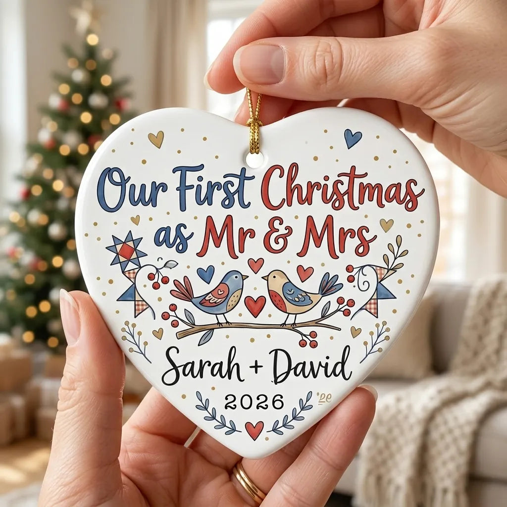 Love Birds Folk Personalized First Married Christmas Ornament 2026 hand