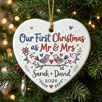 Love Birds Folk Personalized First Married Christmas Ornament 2026 tree