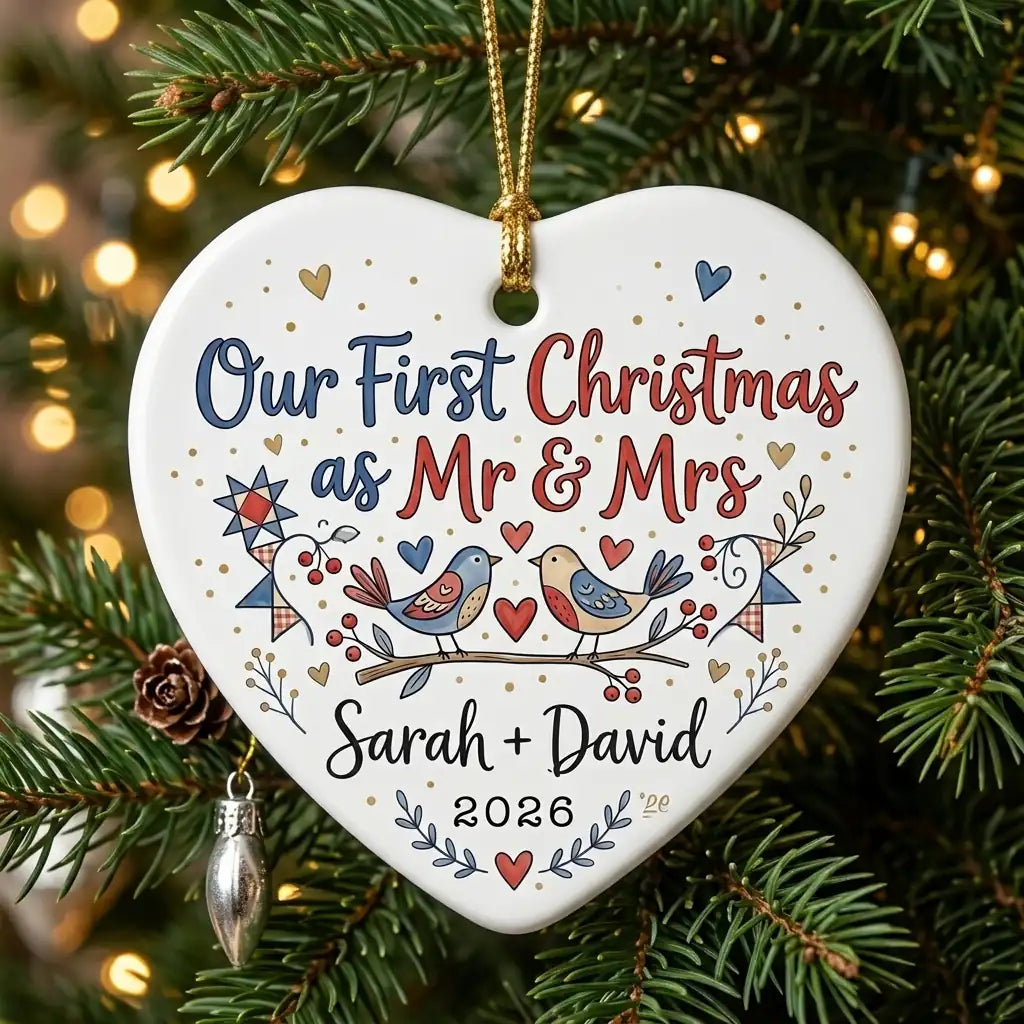 Love Birds Folk Personalized First Married Christmas Ornament 2026 tree