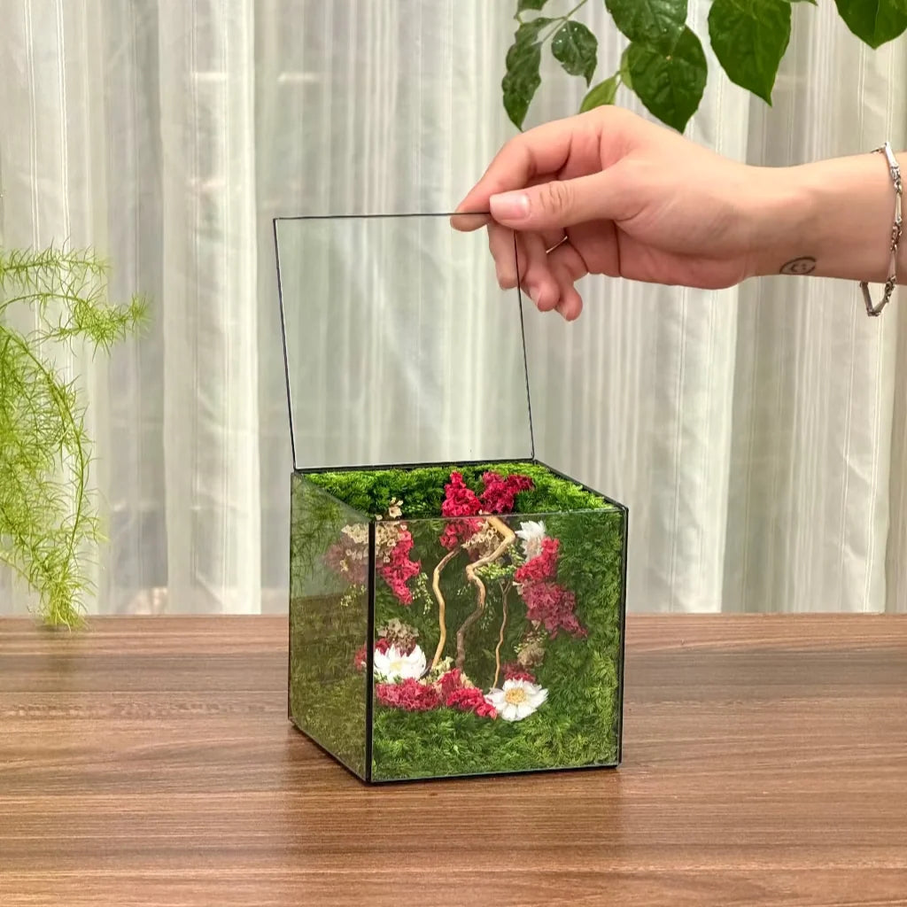 The MophonicHome Handmade Preserved Moss & Flower Terrarium Glass Cube