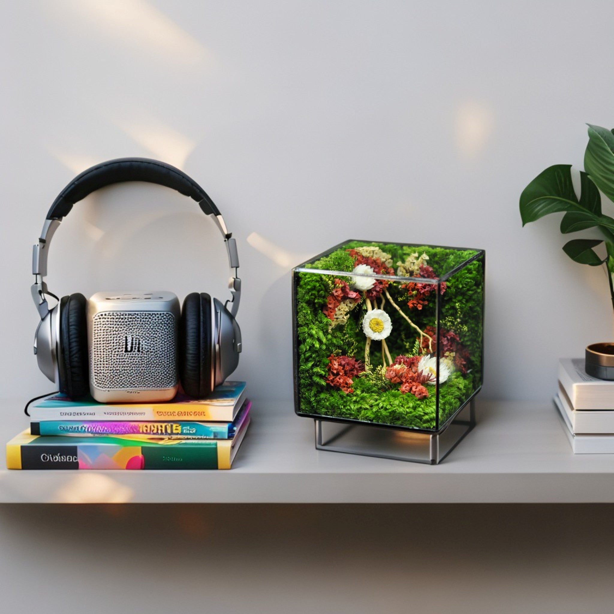 The MophonicHome Handmade Preserved Moss & Flower Terrarium Glass Cube