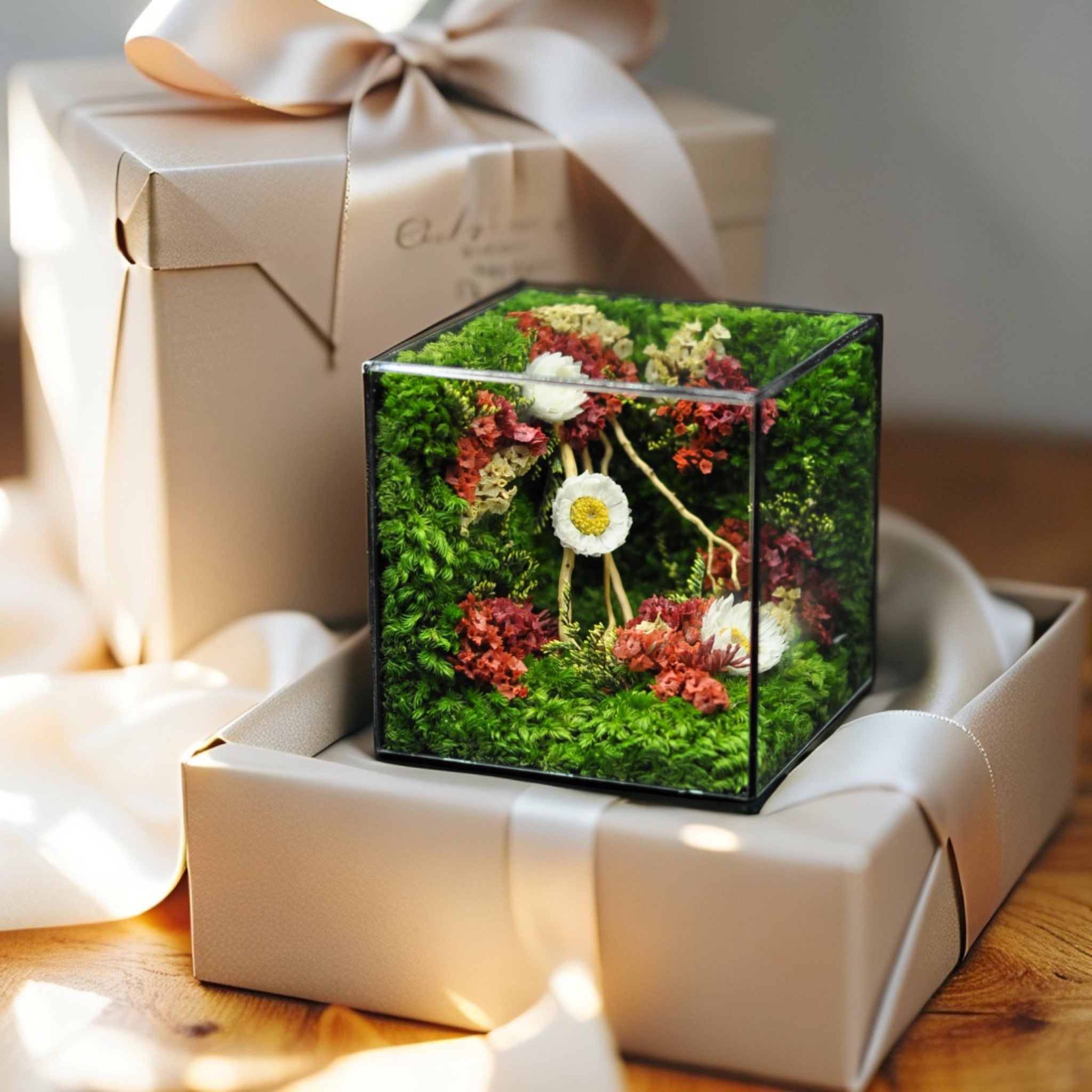 The MophonicHome Handmade Preserved Moss & Flower Terrarium Glass Cube