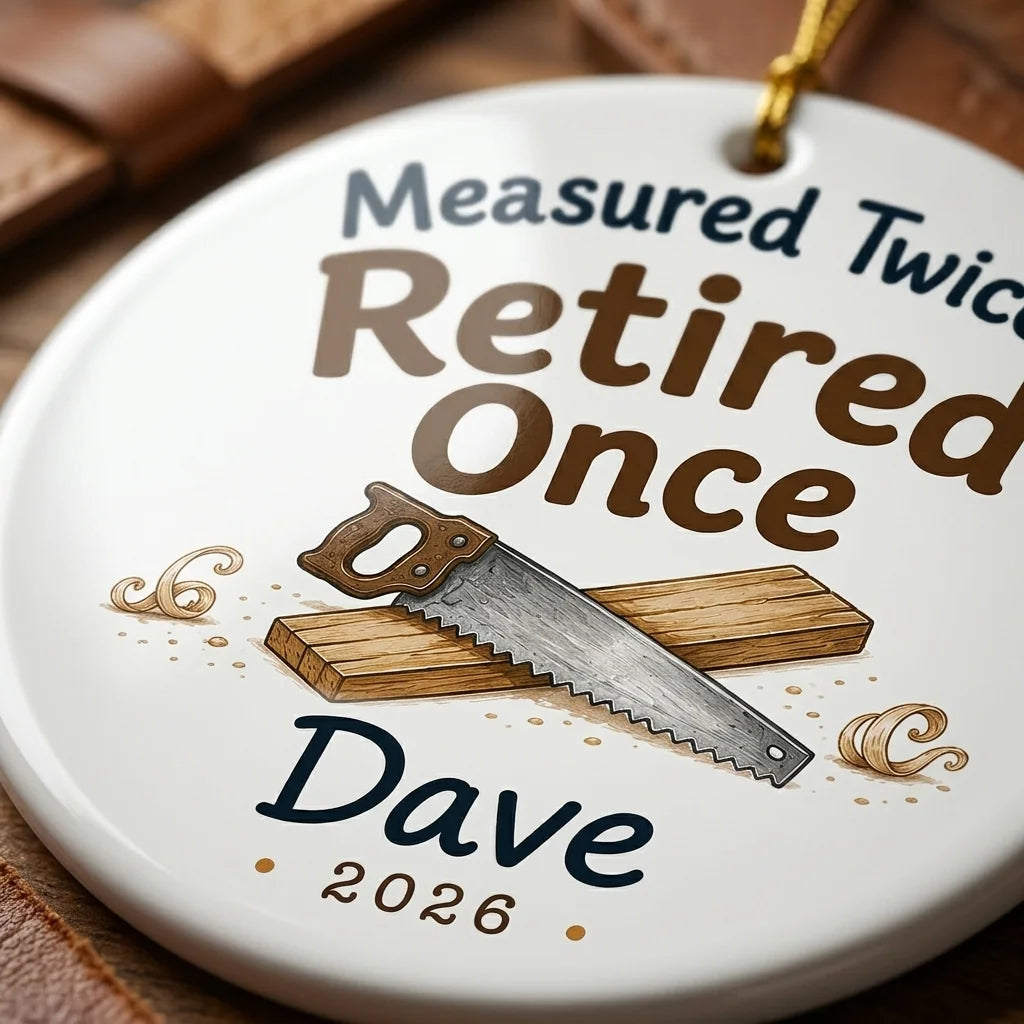 Measured Twice, Retired Once Personalized Woodworking Retirement Christmas Ornament 2026 detail