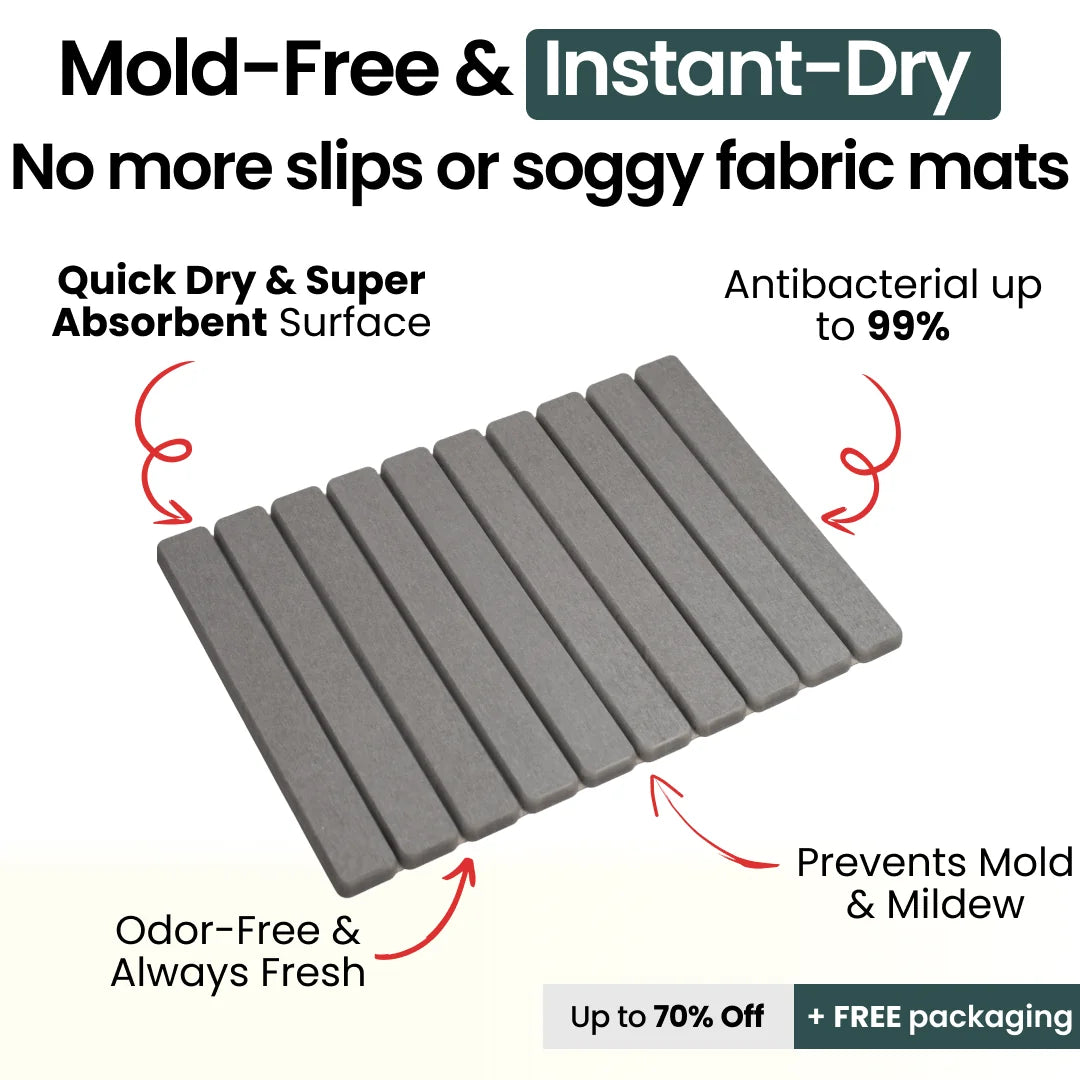 Gray fabric mat with text highlighting features on a white background