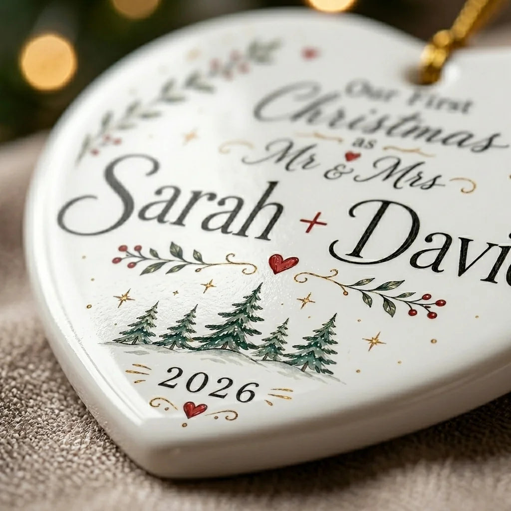 Mr Mrs Signature Line Personalized First Married Christmas Ornament 2026 detail
