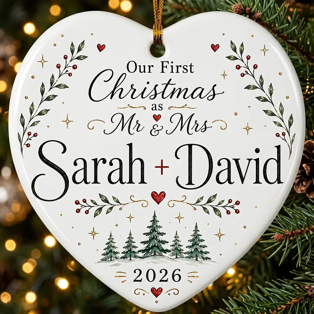 Mr Mrs Signature Line Personalized First Married Christmas Ornament 2026 tree