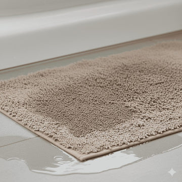 Beige bath mat on a wet bathroom floor