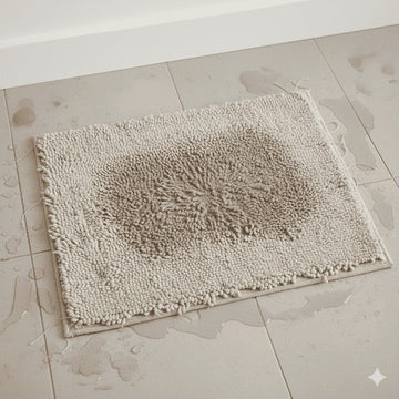 Beige bath mat on a tiled bathroom floor