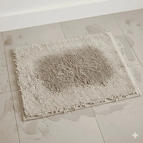 Beige wet bath mat on a tiled bathroom floor