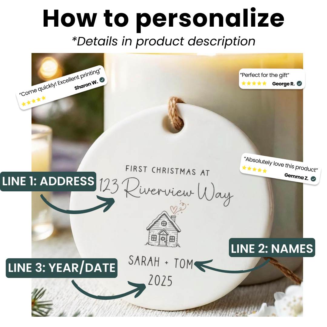 Personalized Christmas ornament with customizable text on a white background