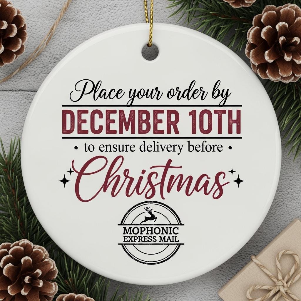 White ornament with text about Christmas orders and Mophonic Express Mail logo, surrounded by pine cones and a gift.