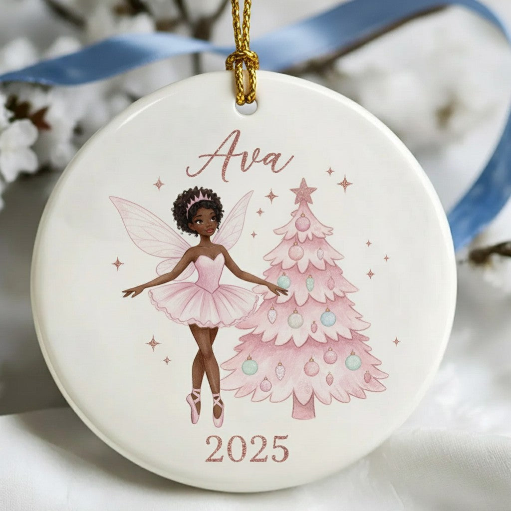 Decorative ornament with a fairy and Christmas tree design, featuring the name 'Ava' and the year '2025'.
