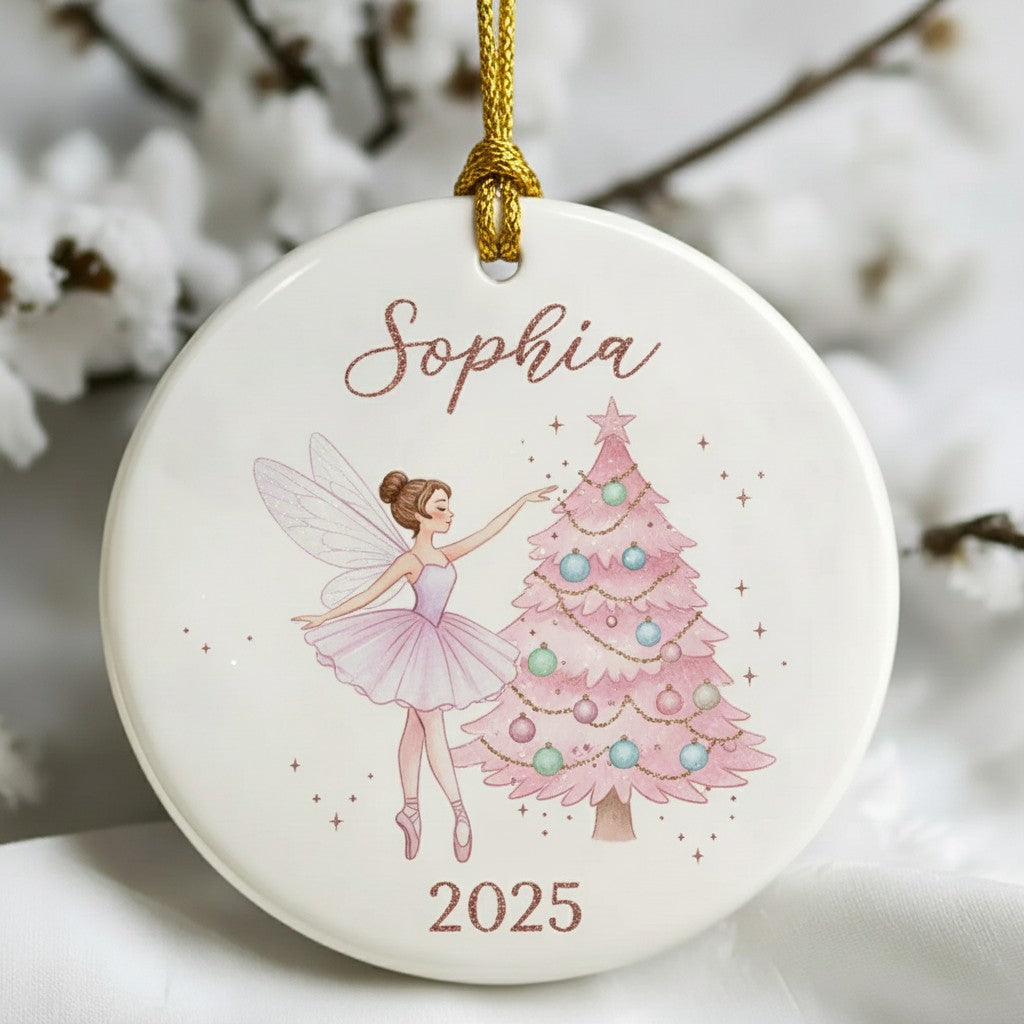 Decorative ornament with fairy and Christmas tree design, featuring the name 'Sophia' and the year '2025'.