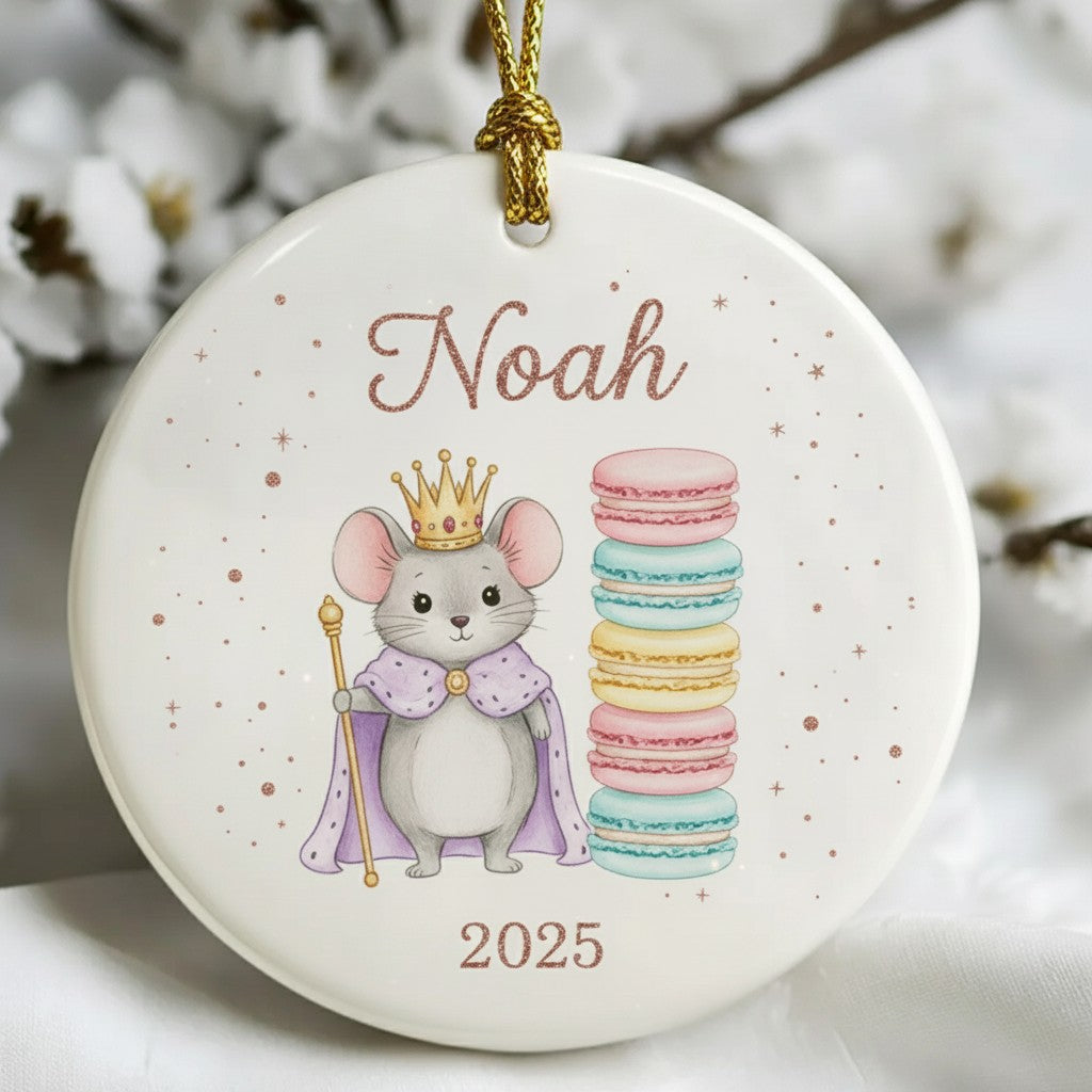 Decorative ornament with a mouse character, crown, scepter, and macarons with 'Noah' and '2025' printed on it.