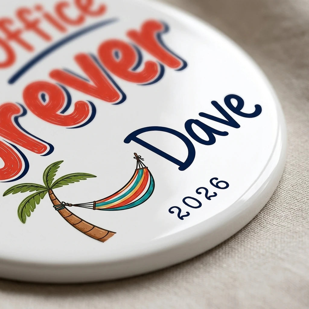 Out of the Office Forever Personalized Retirement Christmas Ornament 2026 detail