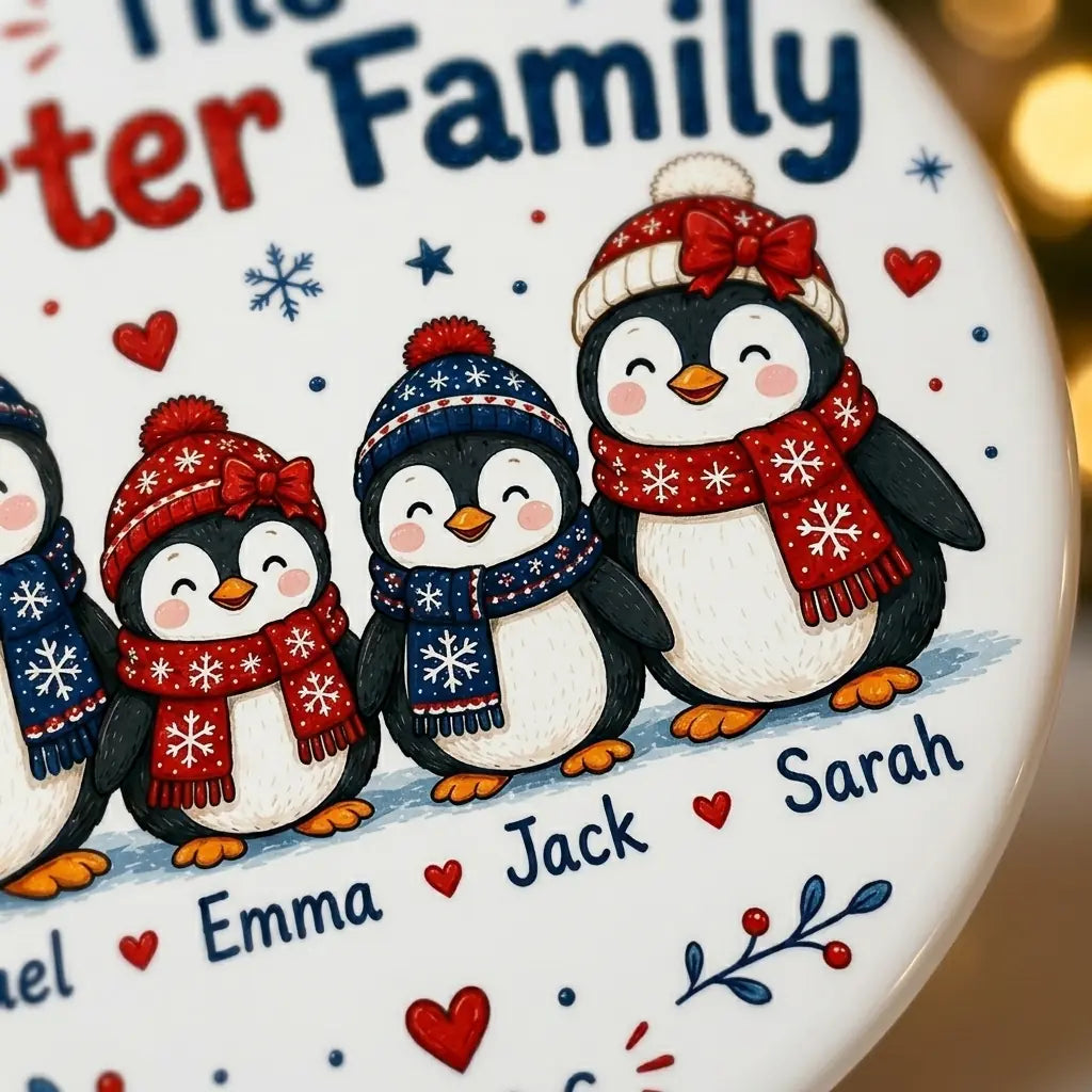 Penguin Family Personalized Family Names Christmas Ornament 2026 detail