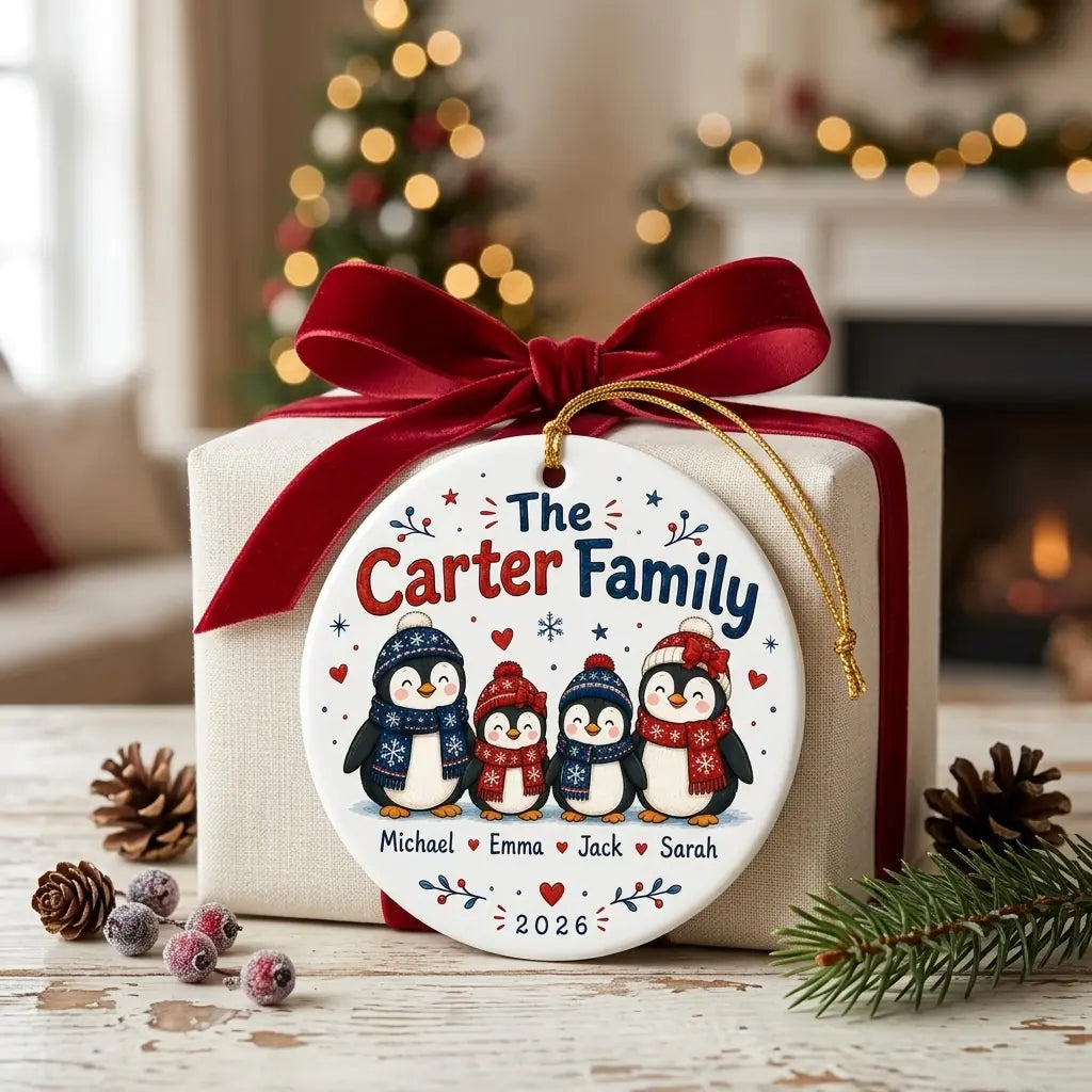 Penguin Family Personalized Family Names Christmas Ornament 2026 gift