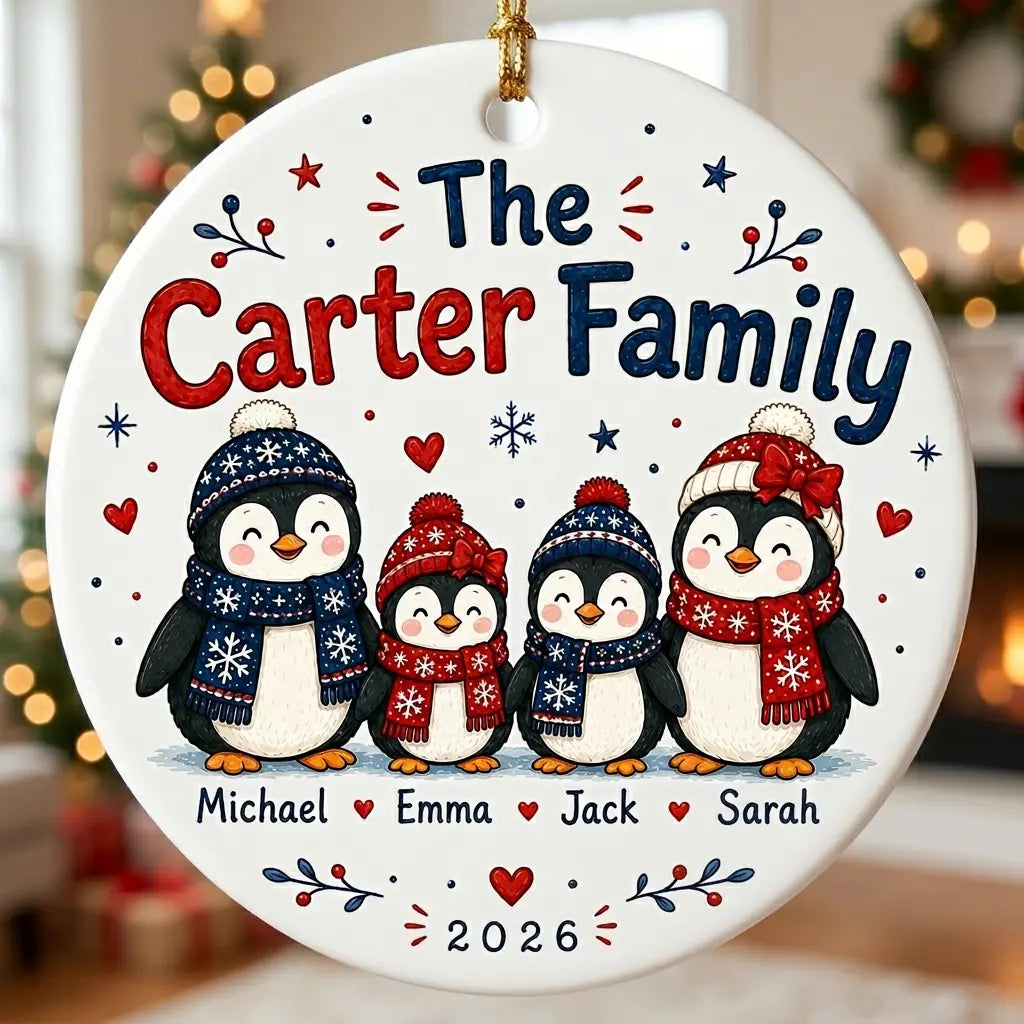 Penguin Family Personalized Family Names Christmas Ornament 2026 hand