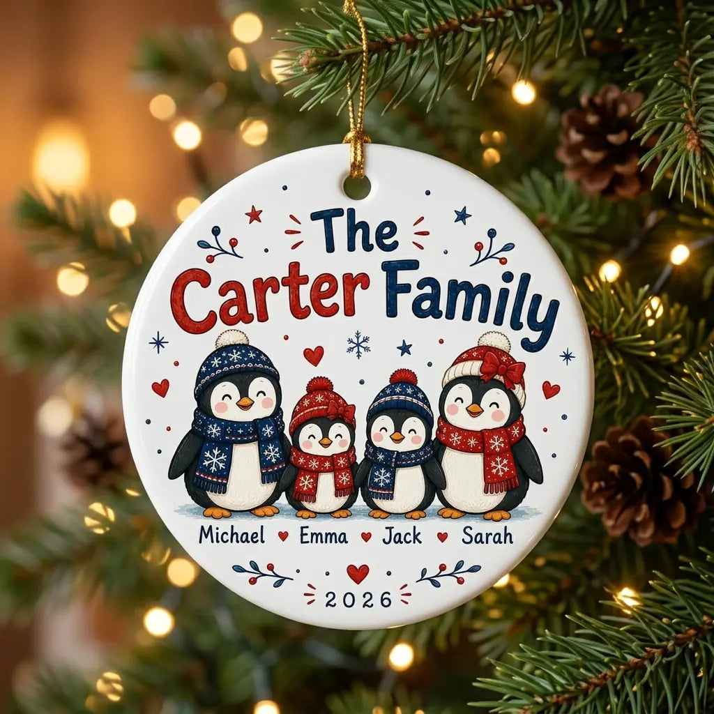 Penguin Family Personalized Family Names Christmas Ornament 2026 tree