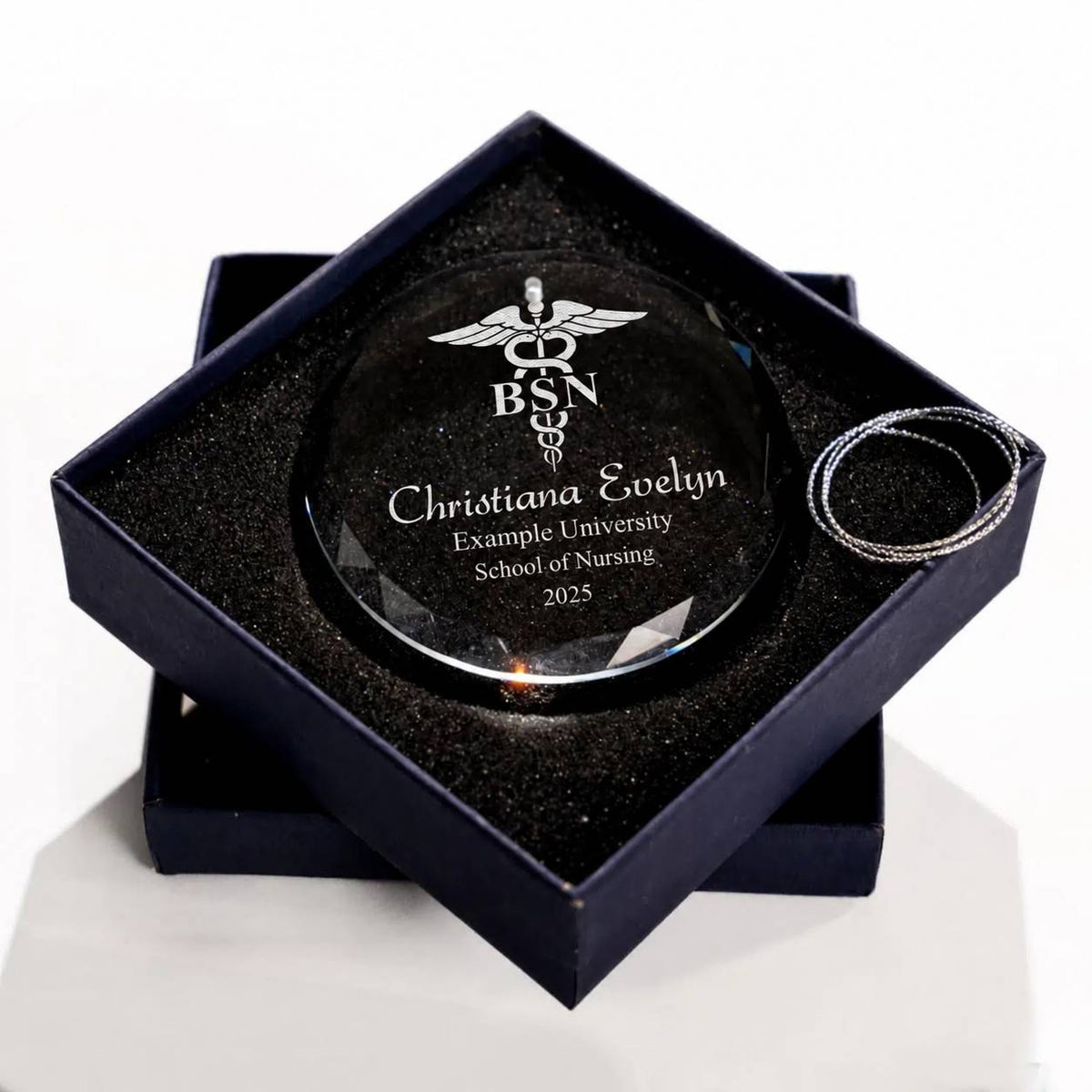 Additional view of a Nursing Graduation personalized engraved engraved crystal glass ornament.