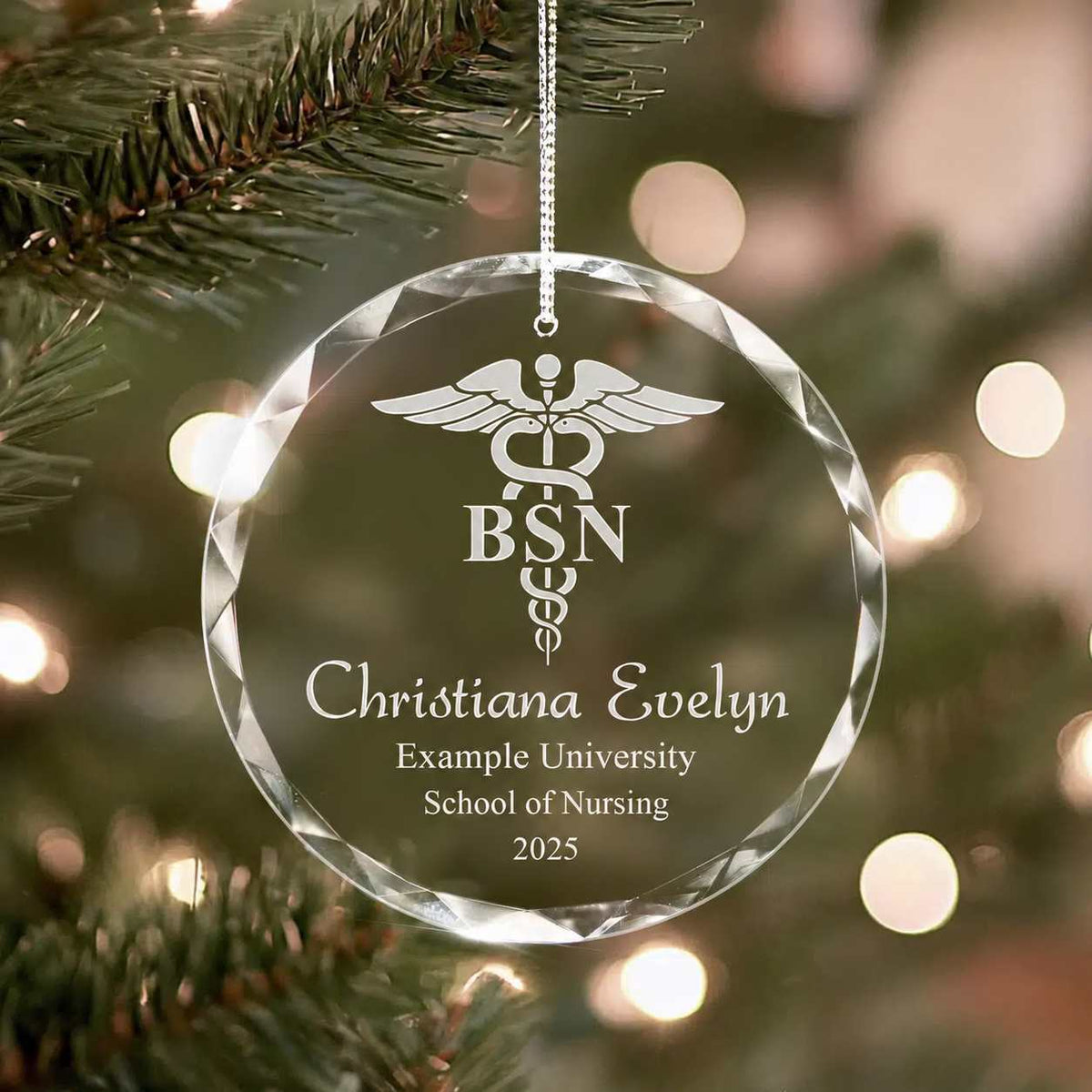 Personalized engraved crystal glass ornament featuring Nursing Graduation.