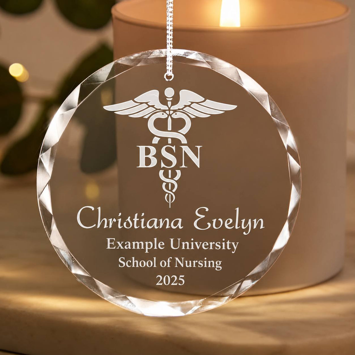 Additional view of a Nursing Graduation personalized engraved engraved crystal glass ornament.