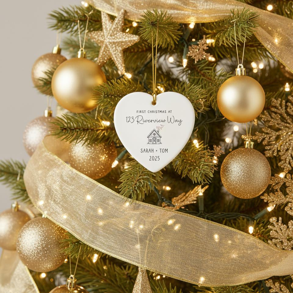 Personalized Christmas ornament on a decorated tree with gold ribbons and lights.