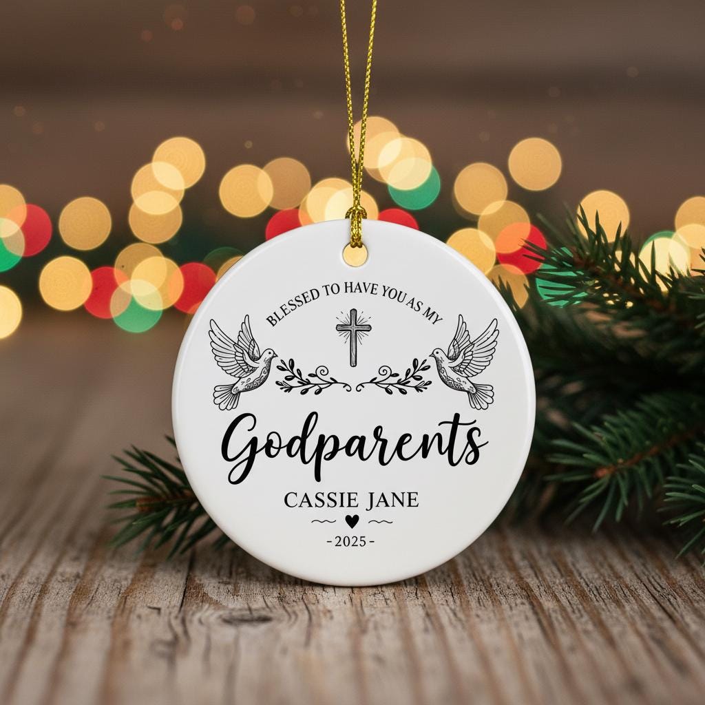 Personalized Christmas ornament for godparents with decorative elements on a wooden surface and blurred lights background.
