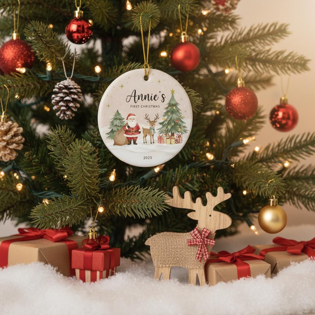 Personalized Christmas ornament on a decorated tree with presents and ornaments.