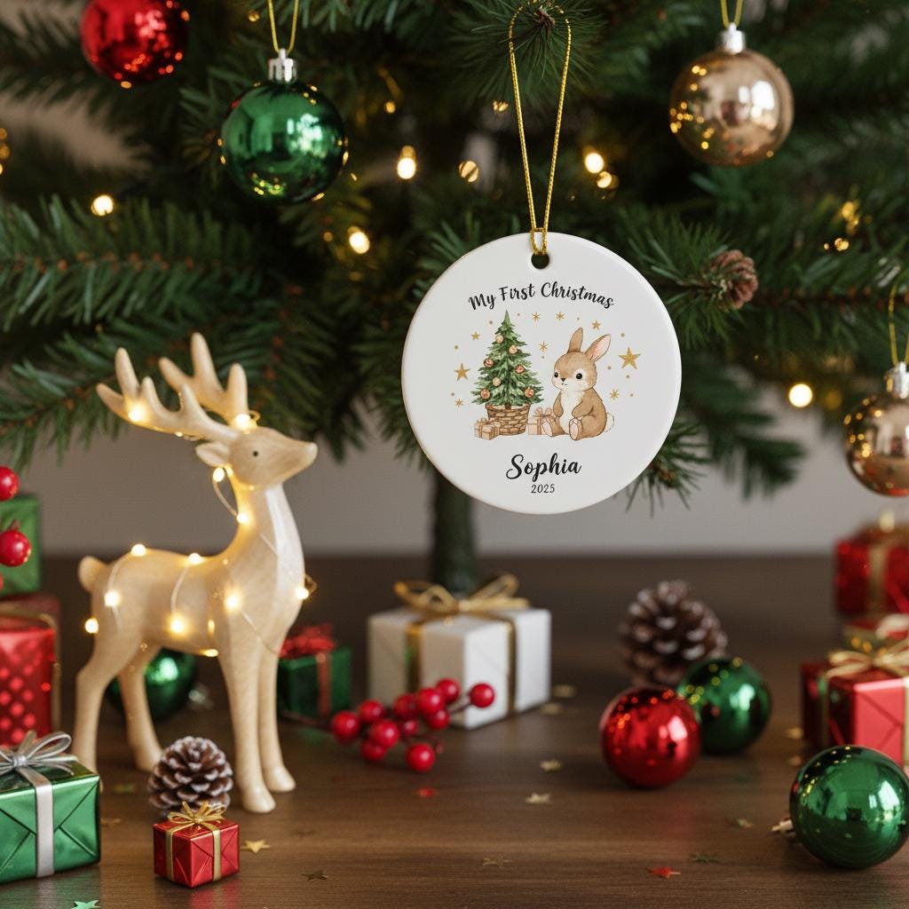 Personalized Christmas ornament with a deer and tree design, hanging on a decorated Christmas tree.
