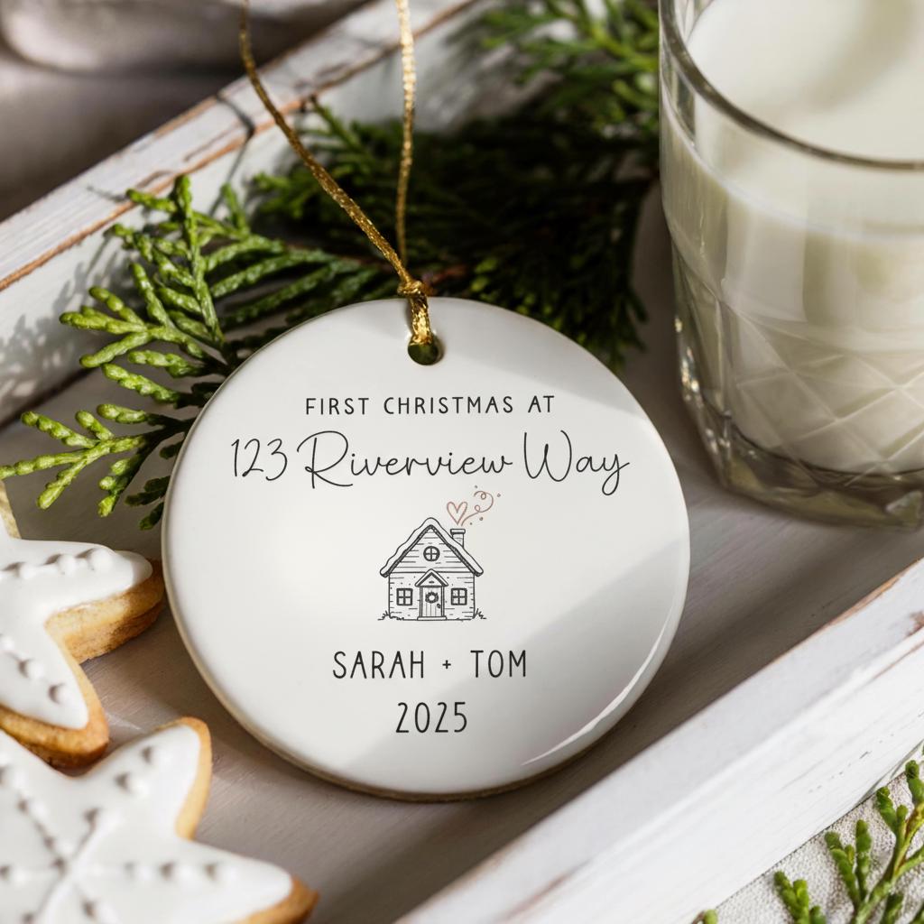 Personalized Christmas ornament with house illustration and text on a table with cookies and milk.