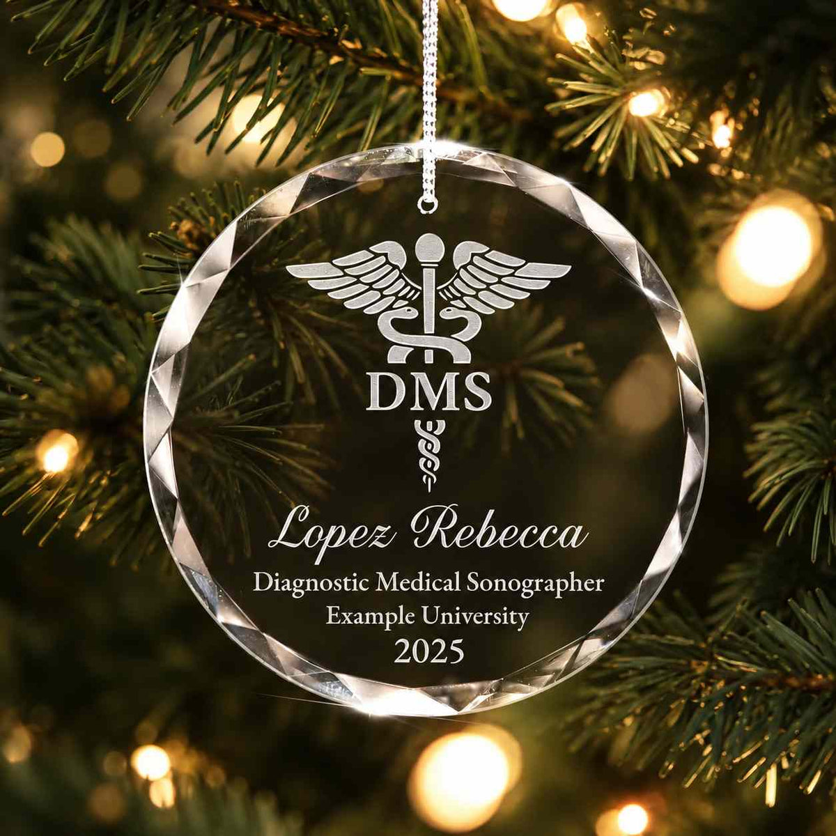 Additional view of a Diagnostic Medical Sonographer personalized engraved engraved crystal glass ornament.