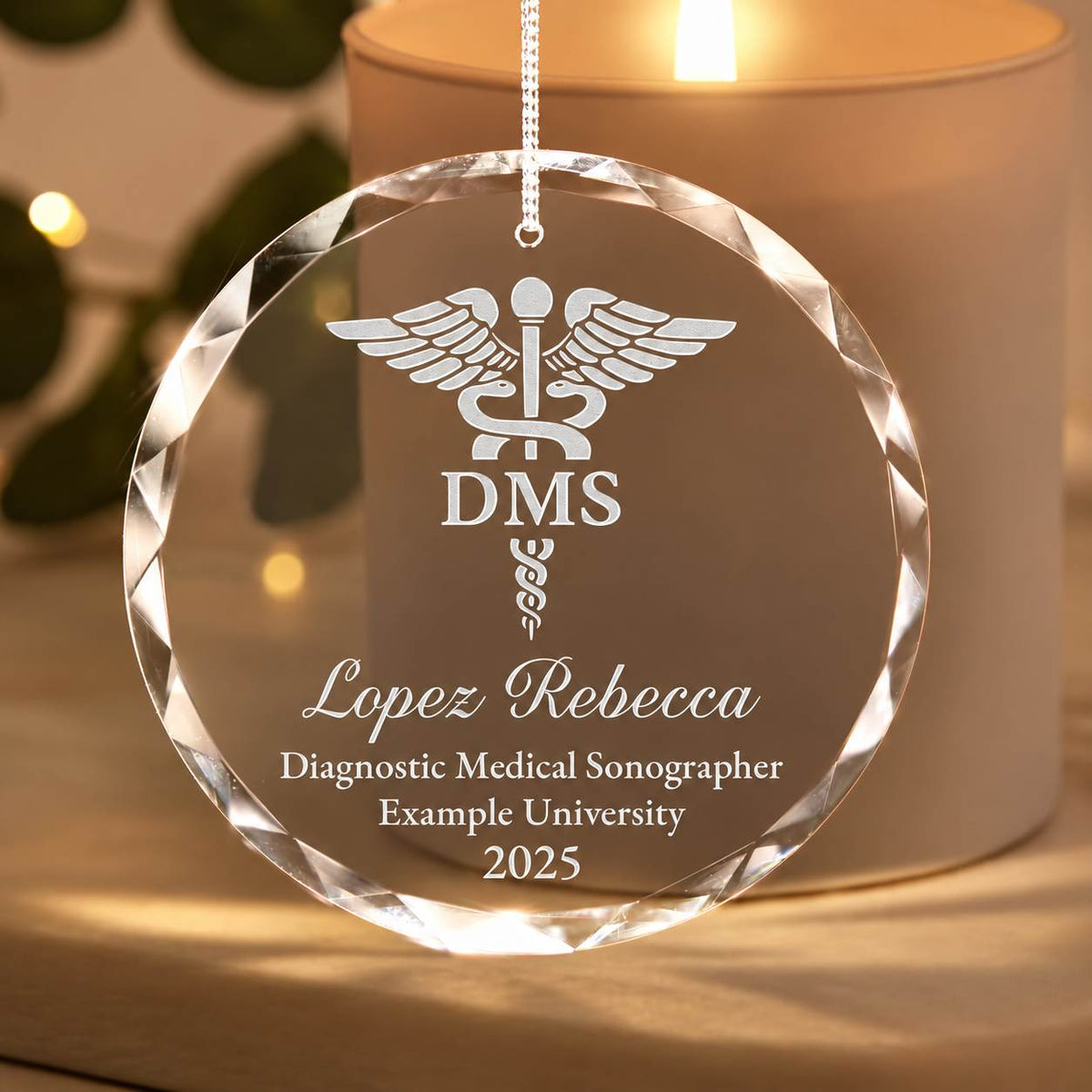 Additional view of a Diagnostic Medical Sonographer personalized engraved engraved crystal glass ornament.