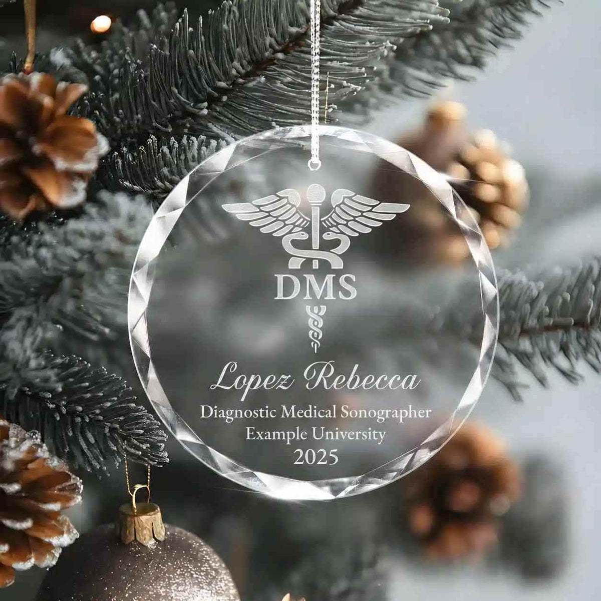 Additional view of a Diagnostic Medical Sonographer personalized engraved engraved crystal glass ornament.