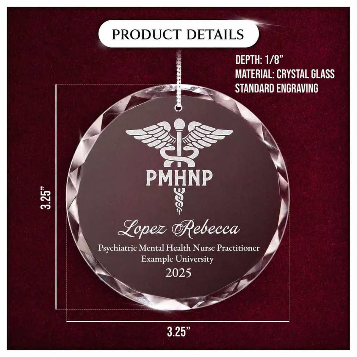 A round crystal glass hanging ornament with custom engraving, shown on a dark burgundy background with product details text and dimension lines indicating a 3.25-inch diameter.