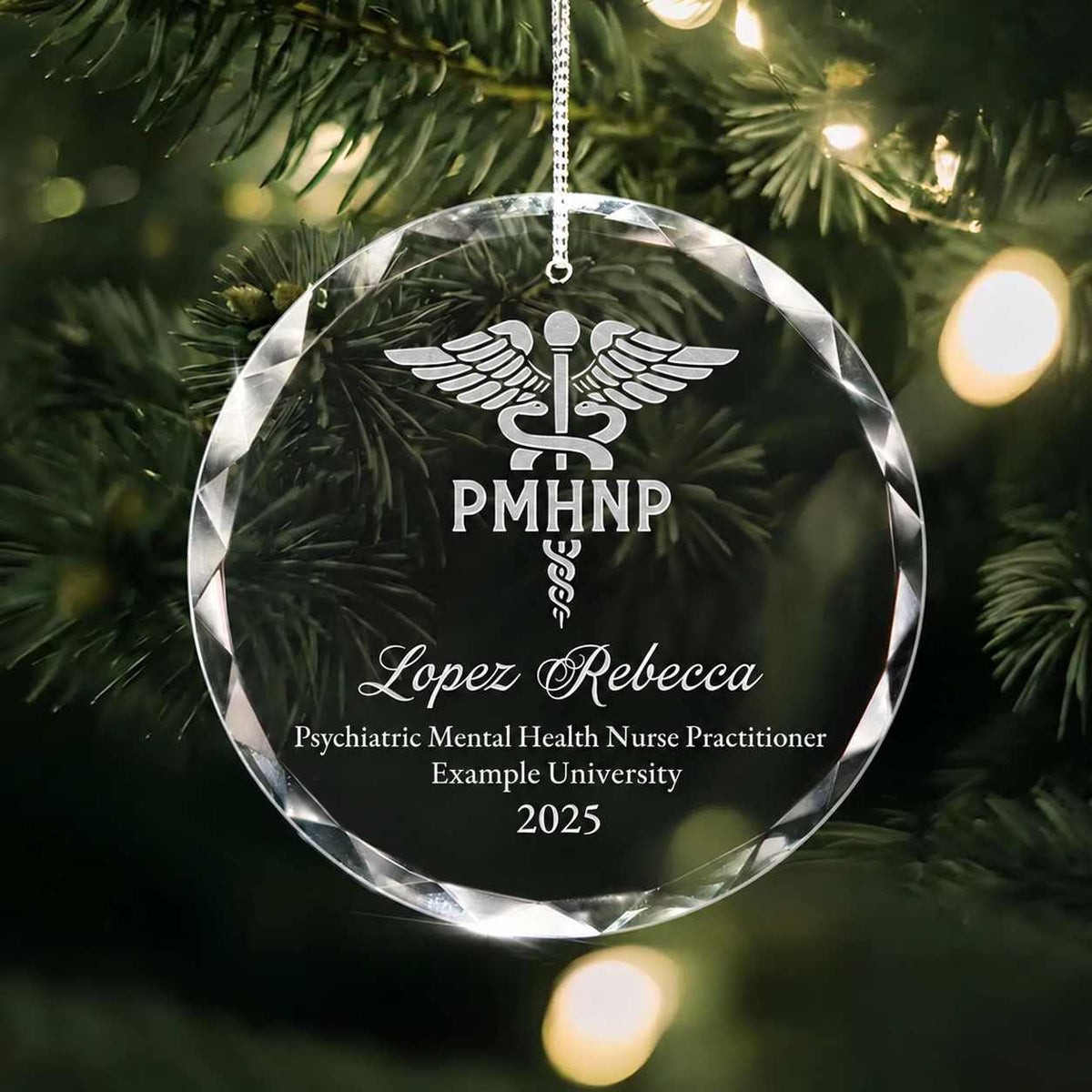 Personalized engraved crystal glass ornament featuring Psychiatric Mental Health Nurse Practitioner.