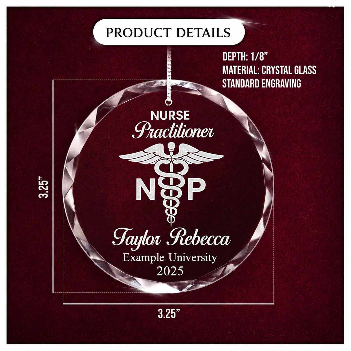 Product details card for a personalized engraved engraved crystal glass ornament, showing crystal glass construction, engraving, and a 3.25-inch size.