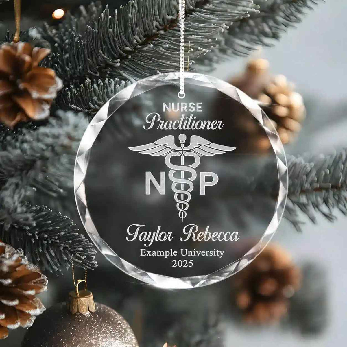 Additional view of a Nurse Practitioner personalized engraved engraved crystal glass ornament.