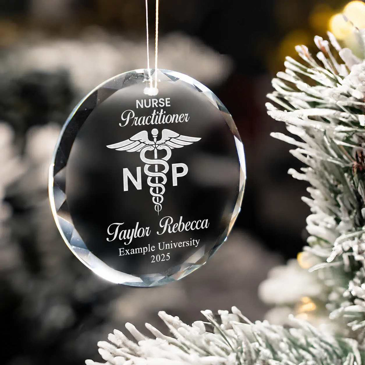 Additional view of a Nurse Practitioner personalized engraved engraved crystal glass ornament.