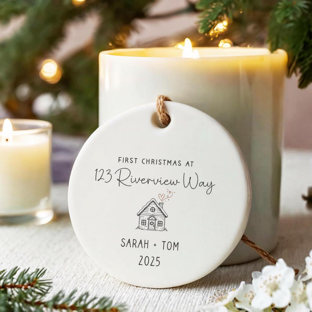 Personalized ornament for First Christmas at 123 Riverview Way with candles and Christmas decor.