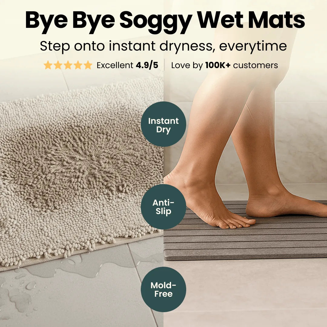 Product advertisement for instant dryness mats with text and customer feedback.