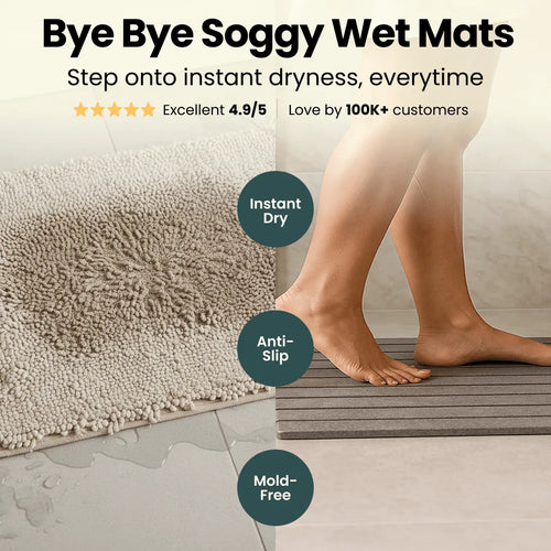 Product advertisement for instant dryness mats with text and customer feedback.