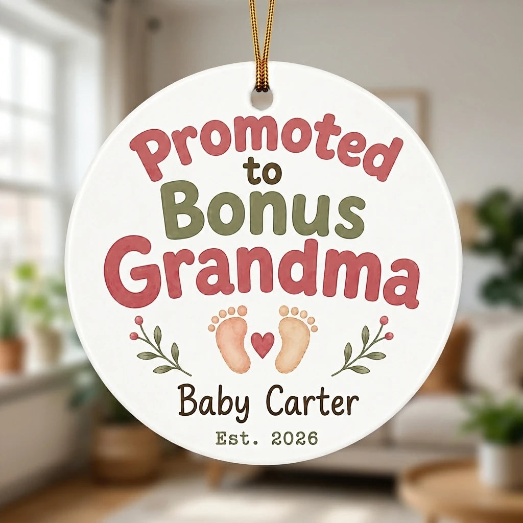 Promoted to Bonus Grandma Personalized Grandma Christmas Ornament 2026 hand