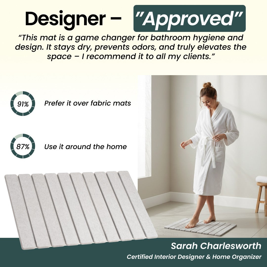 Woman in a white robe standing on a stone bath mat with text about its benefits