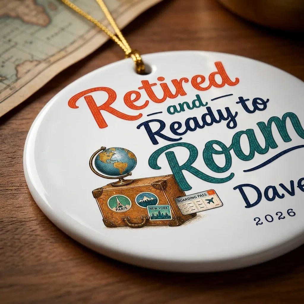 Retired and Ready to Roam Personalized Travel Retirement Christmas Ornament 2026 detail