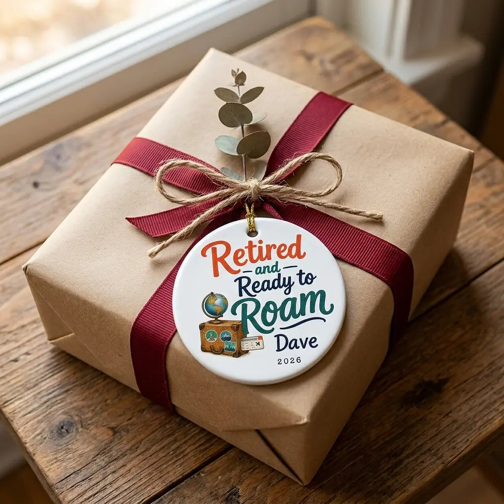 Retired and Ready to Roam Personalized Travel Retirement Christmas Ornament 2026 gift