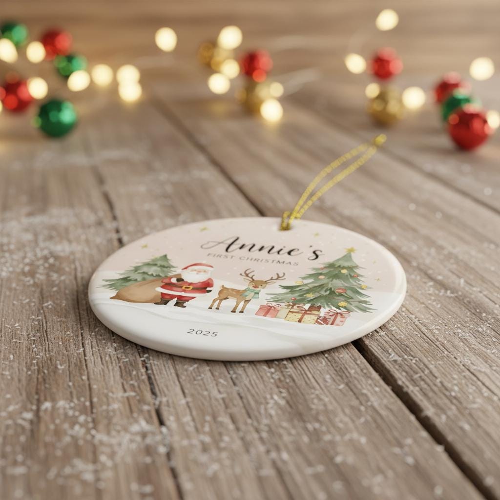 Round Christmas ornament with festive design on a wooden surface with blurred lights in the background.