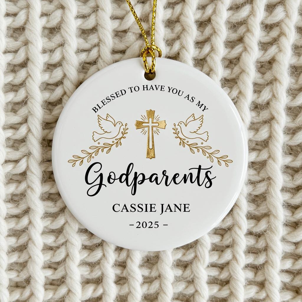 Round ceramic ornament with 'Blessed to have you as my Godparents' text on a knitted fabric background