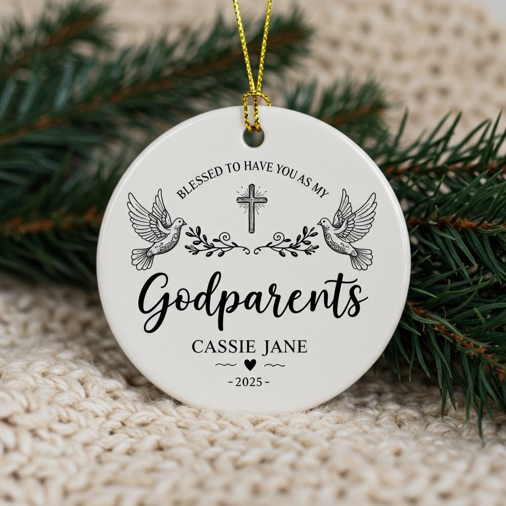 Round ceramic ornament with 'Godparents' text and decorative elements on a textured surface with greenery.